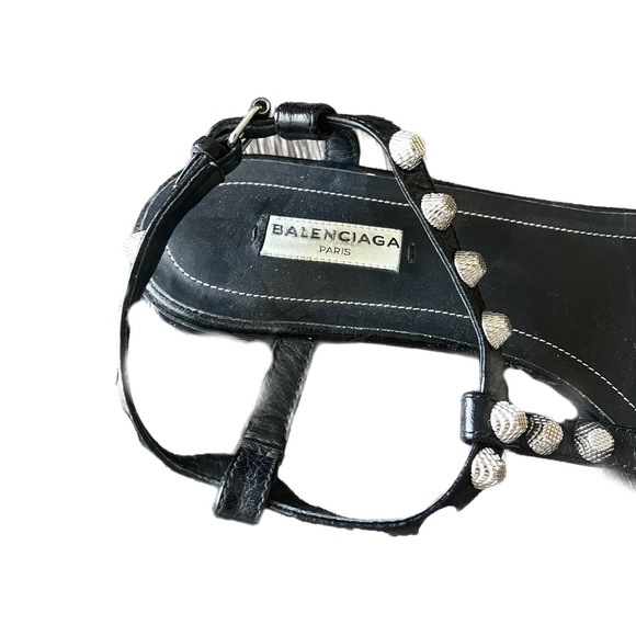 BALENCIAGA Black Leather Silver Studded T Strap Gladiator Sandals Size 37 US 7 - Picture 3 of 3